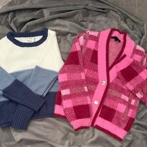 VICI SWEATER BUNDLE: Pink Plaid V-Neck Button Cardigan / White + Blue Stripes